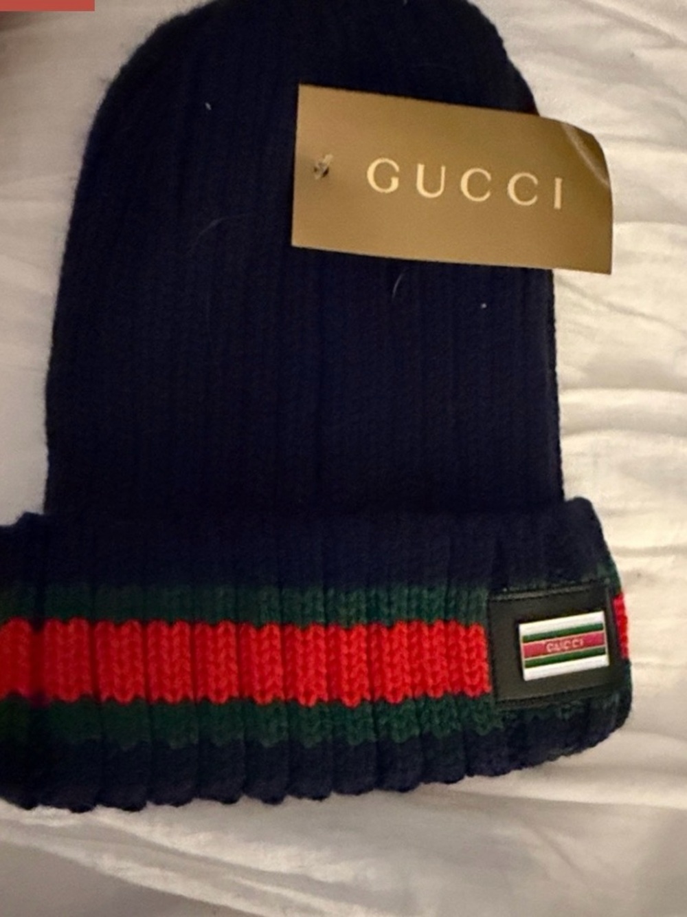 Gucci Navy Beanie with Red and Green Web Stripe